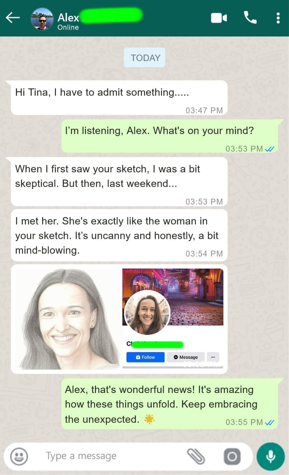 WhatsApp message from Alex — met her soulmate after receiving sketch