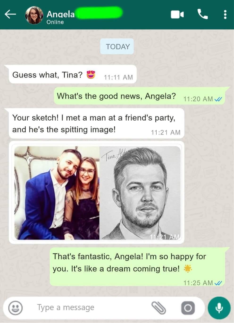 WhatsApp message from Angela — sketch matched the person she met