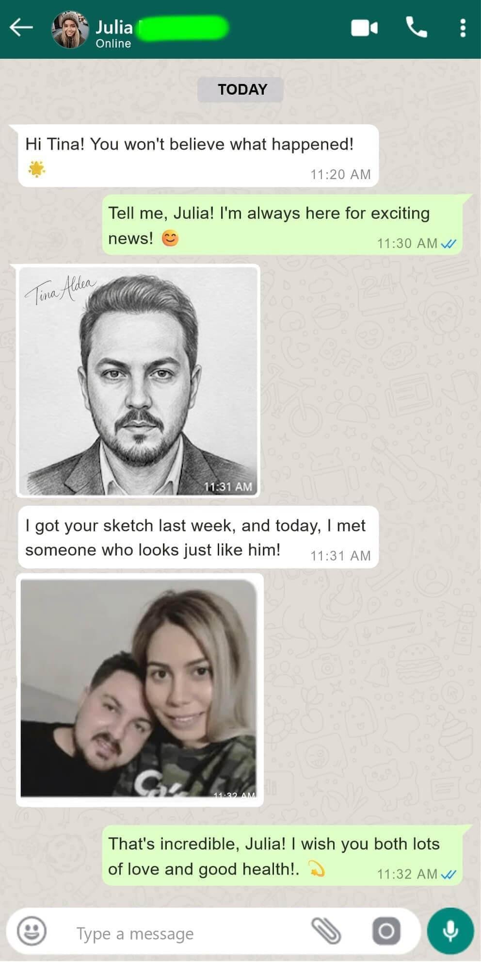 WhatsApp message from Julia — soulmate looked exactly like the sketch