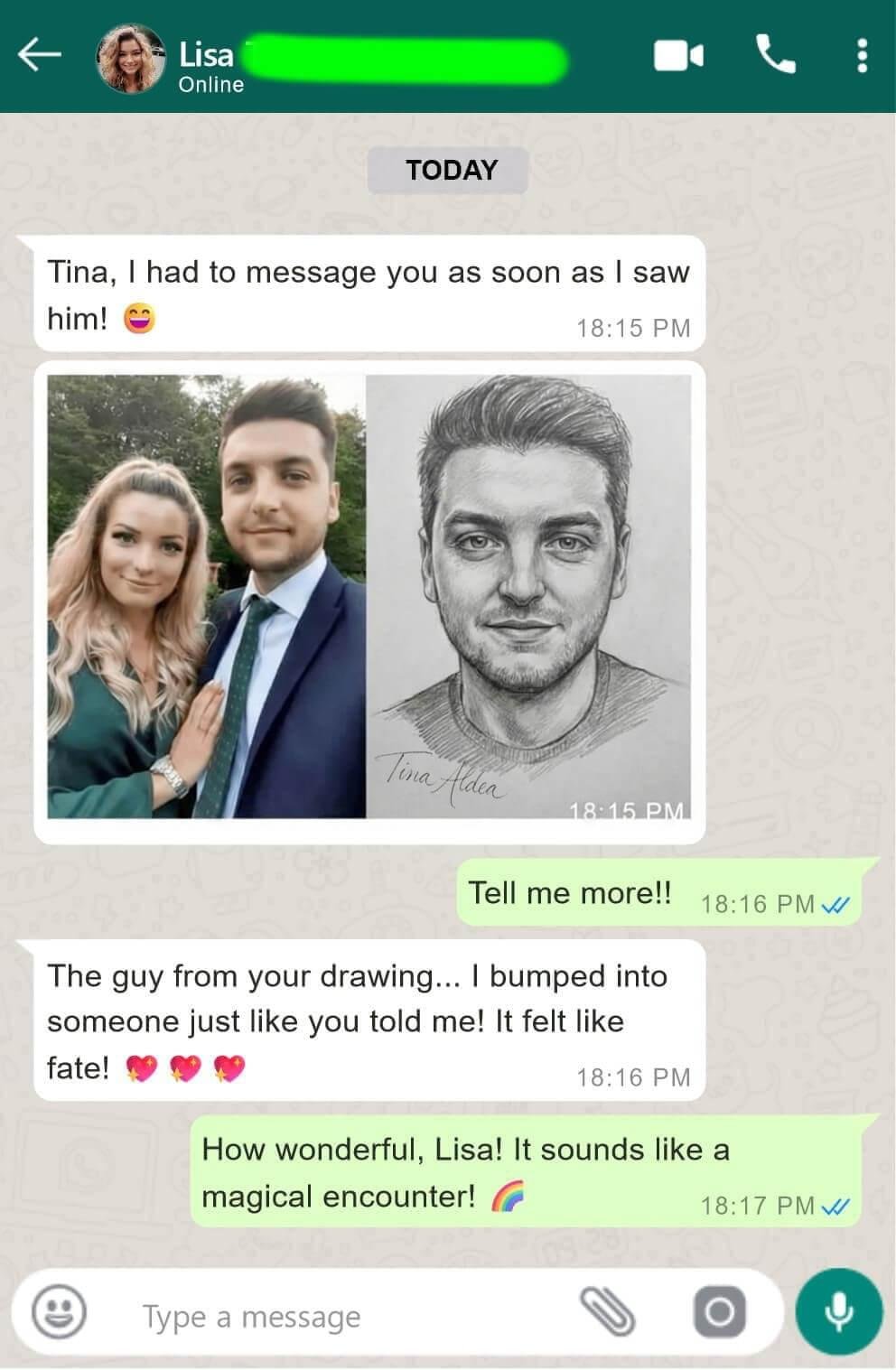 WhatsApp message from Lisa — bumped into someone just like the drawing